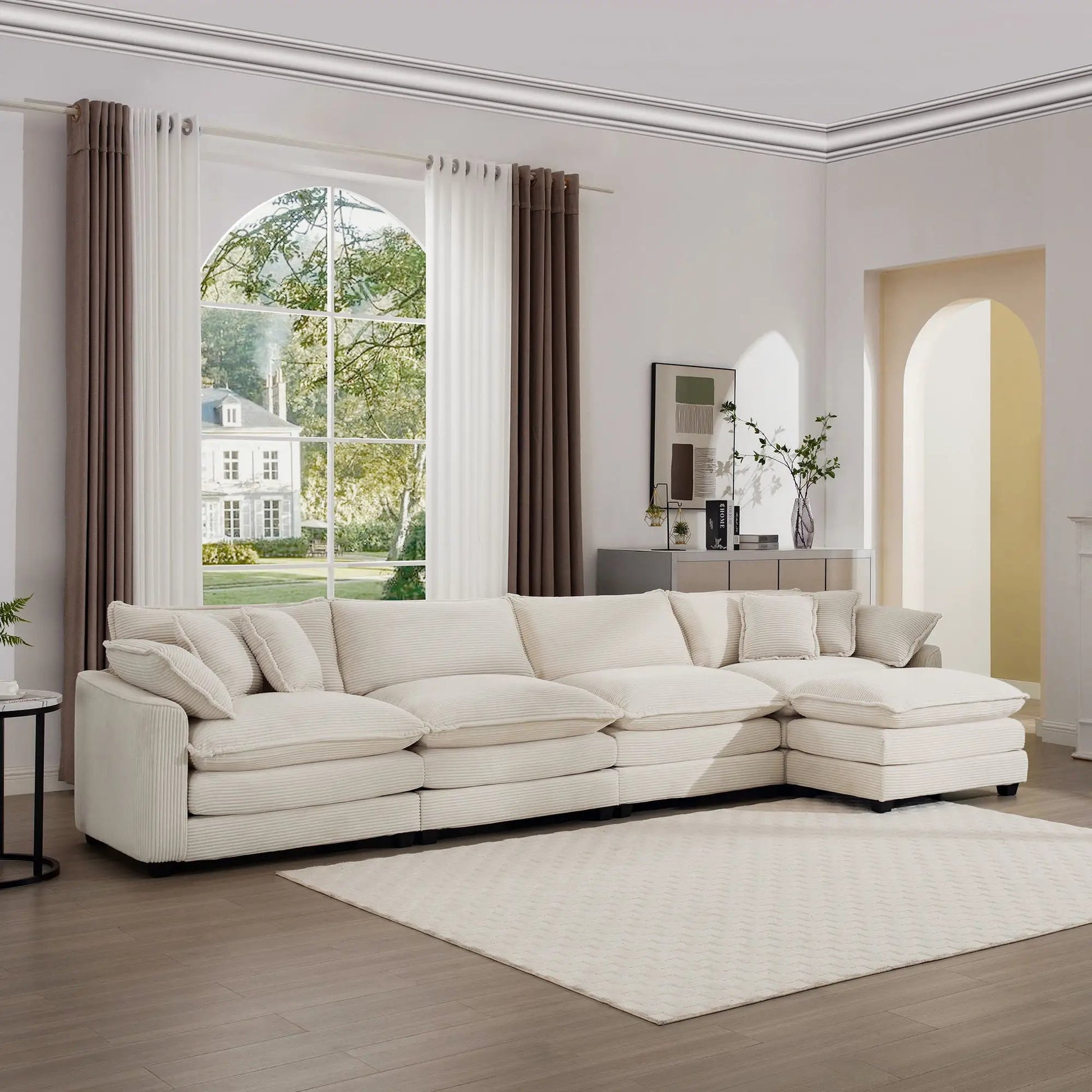 Modern oversized modular cushion sofa with ottoman in cream fabric, deep seating, 3-piece set on Tampa Home & Garden Store