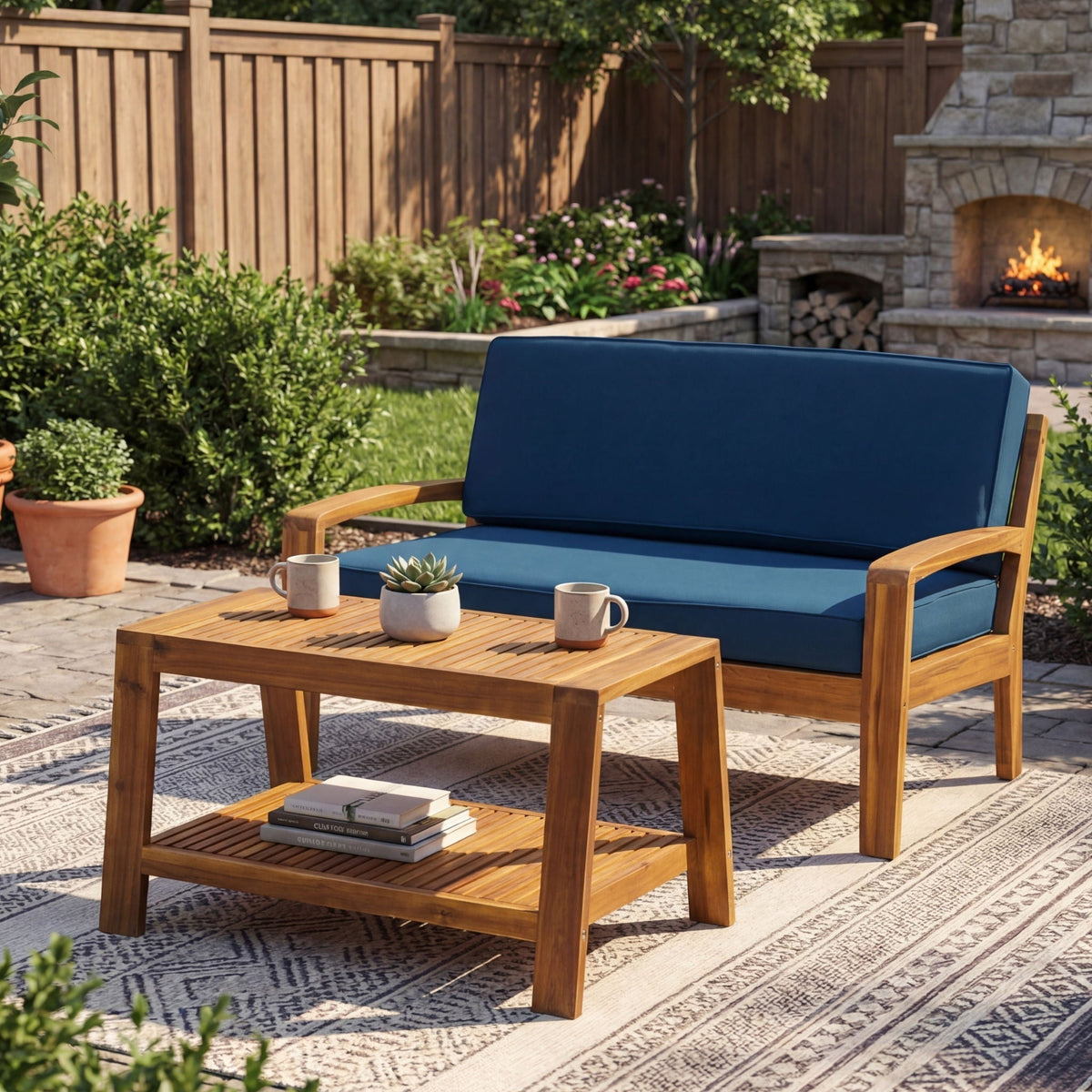 2-piece outdoor set: loveseat & coffee table in blue cushions, natural wood by HouseOfZazla on Tampa Home & Garden Store