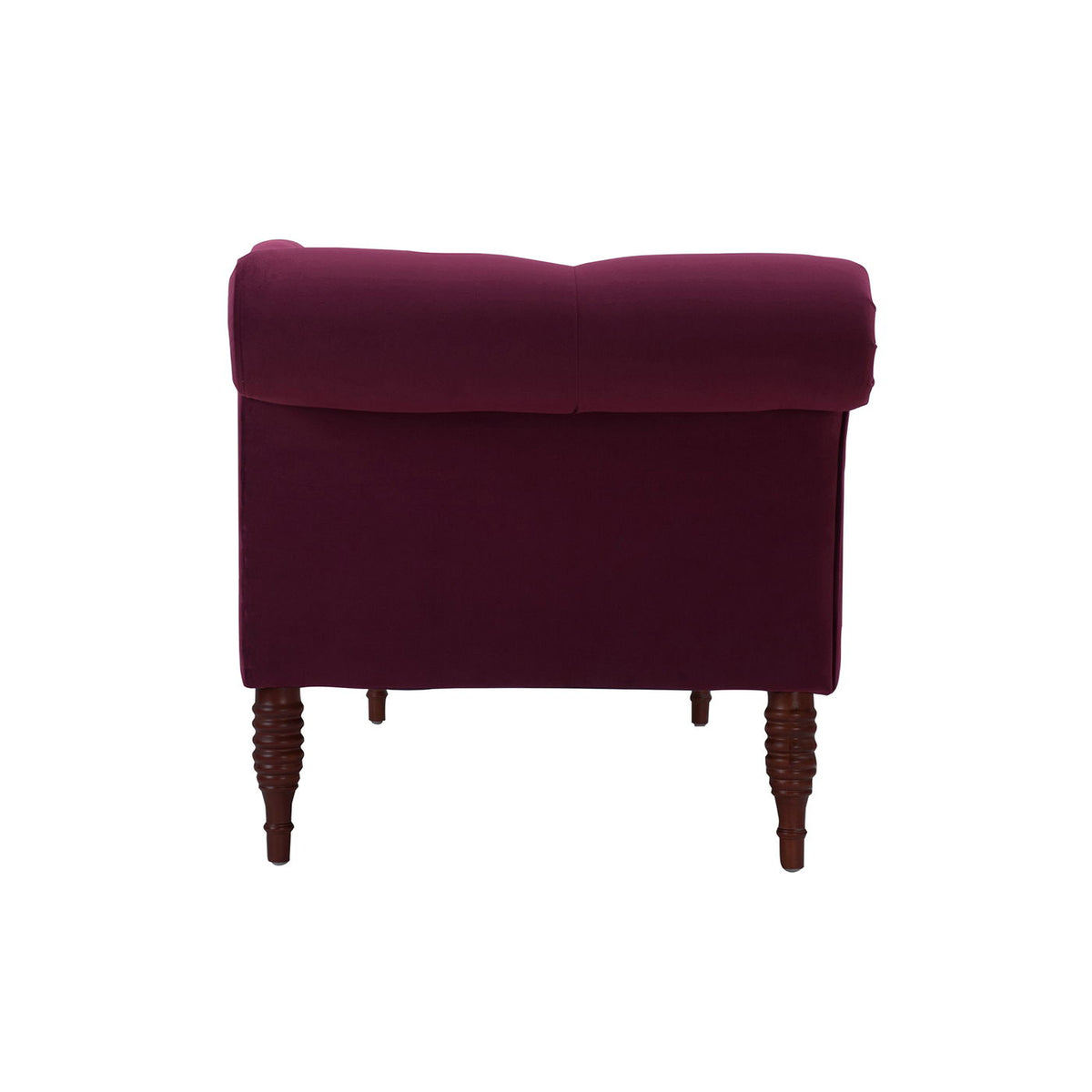 Tufted Roll-Arm Chaise Lounge in dark red velvet with carved wooden legs back view on Tampa Home & Garden Store