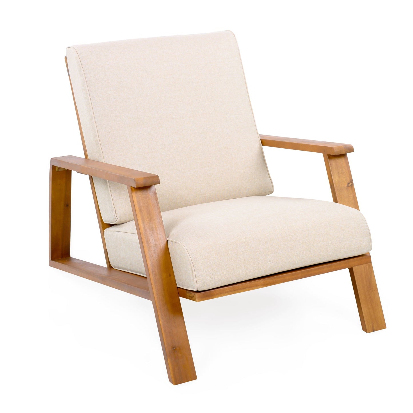 HouseOfZazla outdoor patio lounge arm chair with beige cushion and wooden frame on Tampa Home & Garden Store
