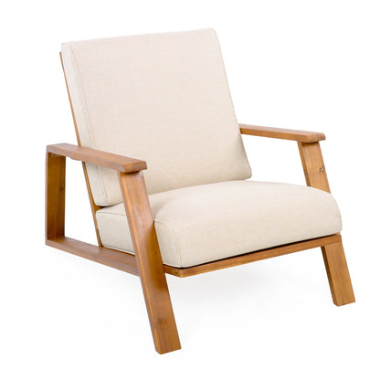 HouseOfZazla outdoor patio lounge arm chair with beige cushion and wooden frame on Tampa Home & Garden Store