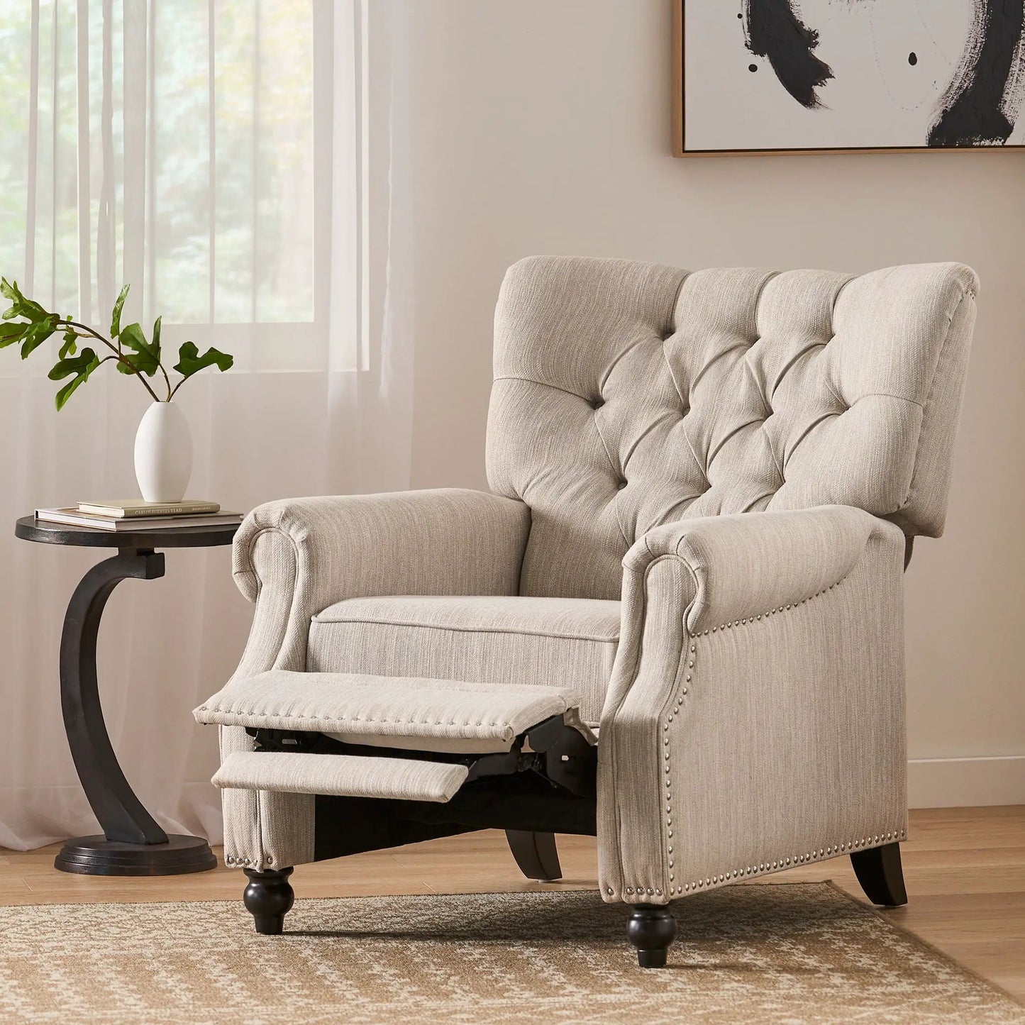 Welch Tufted Pushback Recliner beige fabric with nailhead trim by Unique Piece Furniture on Tampa Home & Garden Store