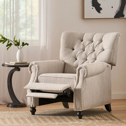 Welch Tufted Pushback Recliner beige fabric with nailhead trim by Unique Piece Furniture on Tampa Home & Garden Store