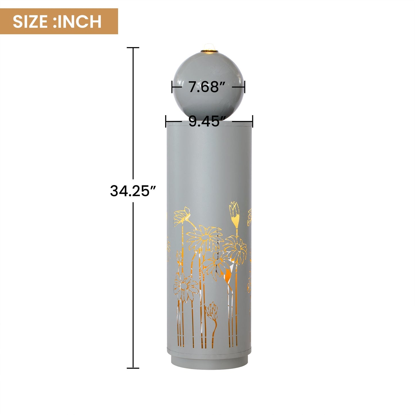 34.25'H light gray metal outdoor fountain with LED sphere top and floral cutout base on Tampa Home & Garden Store