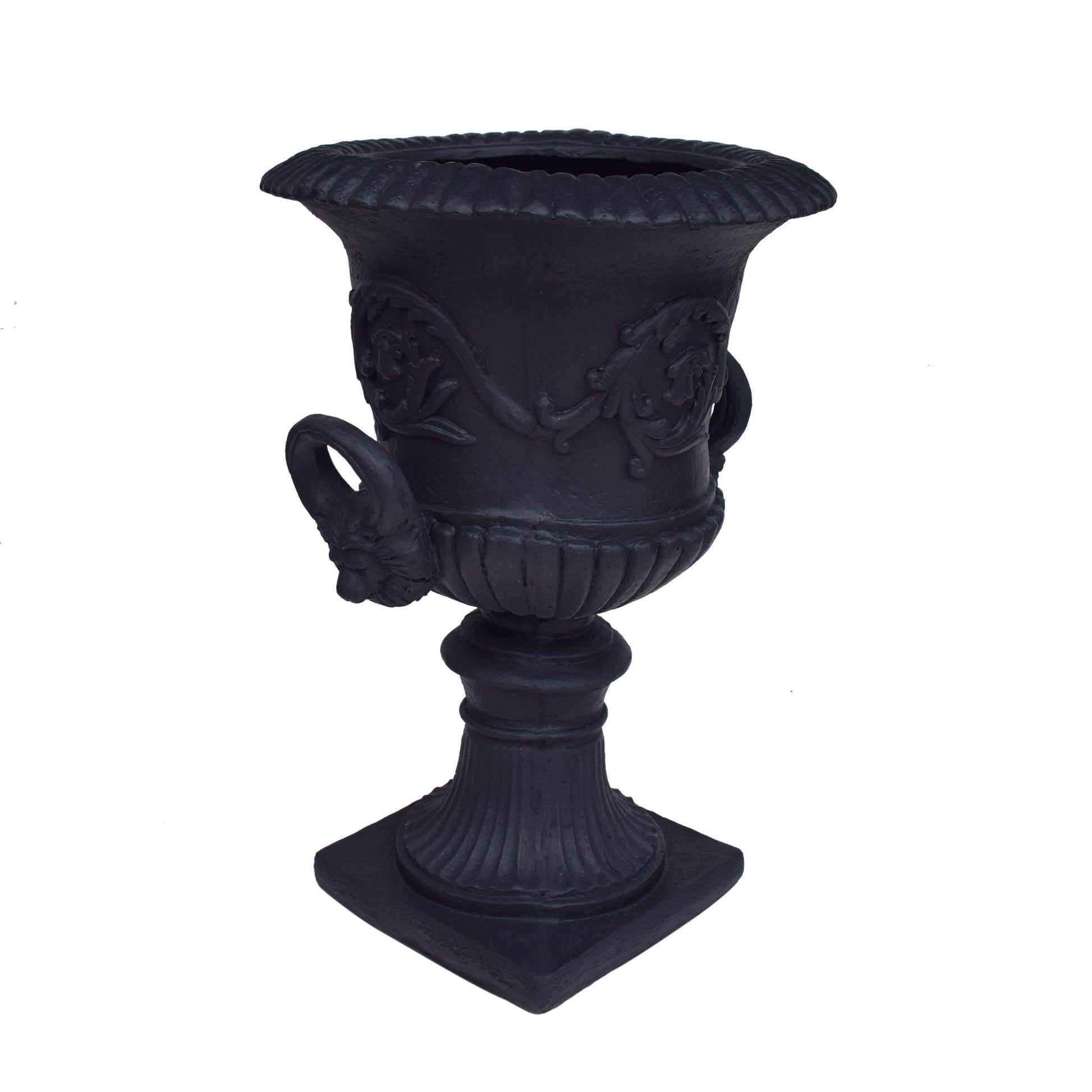 MGO Garden Urn Planter black with ornate relief detailing and scalloped rim HouseOfZazla on Tampa Home & Garden Store