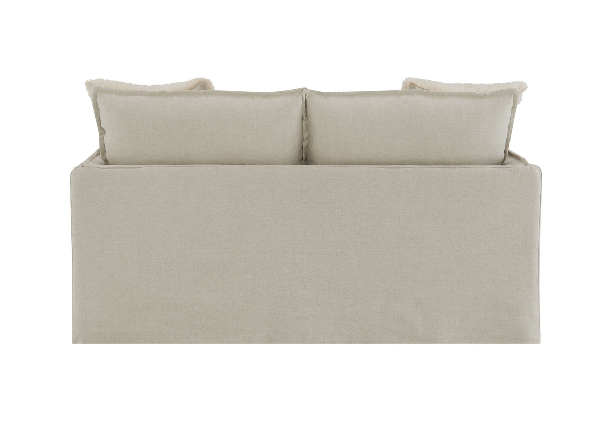 Pattern Linen Loveseat with 2 beige toss pillows featuring cream faux fur trim on Tampa Home & Garden Store