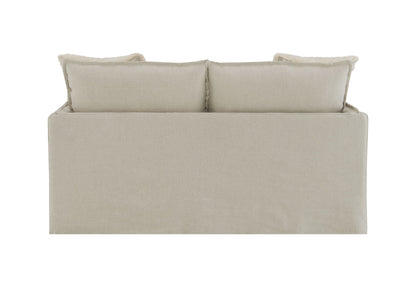 Pattern Linen Loveseat with 2 beige toss pillows featuring cream faux fur trim on Tampa Home & Garden Store