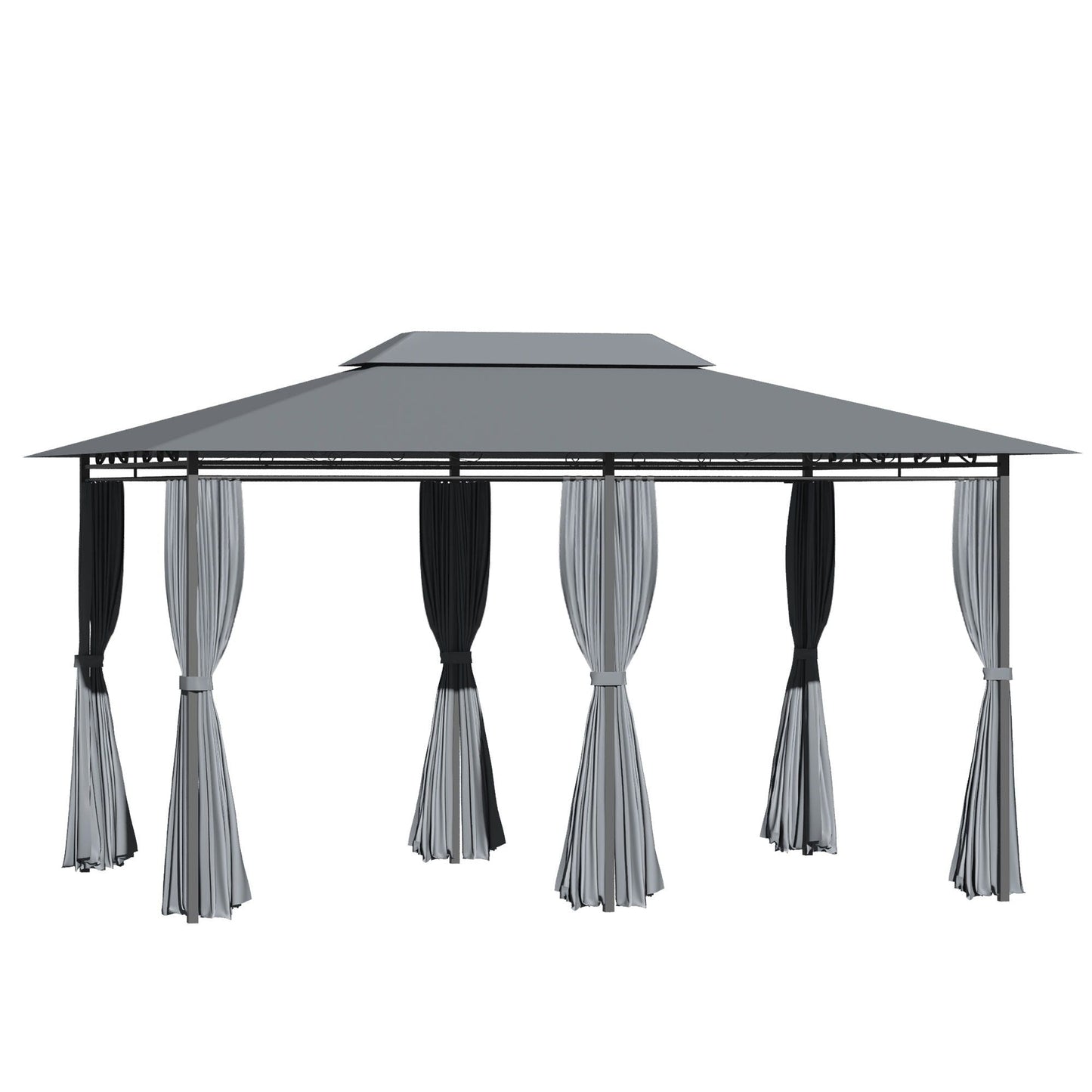 Patio gazebo canopy with curtains in sage gray, vented roof, steel frame on Tampa Home & Garden Store