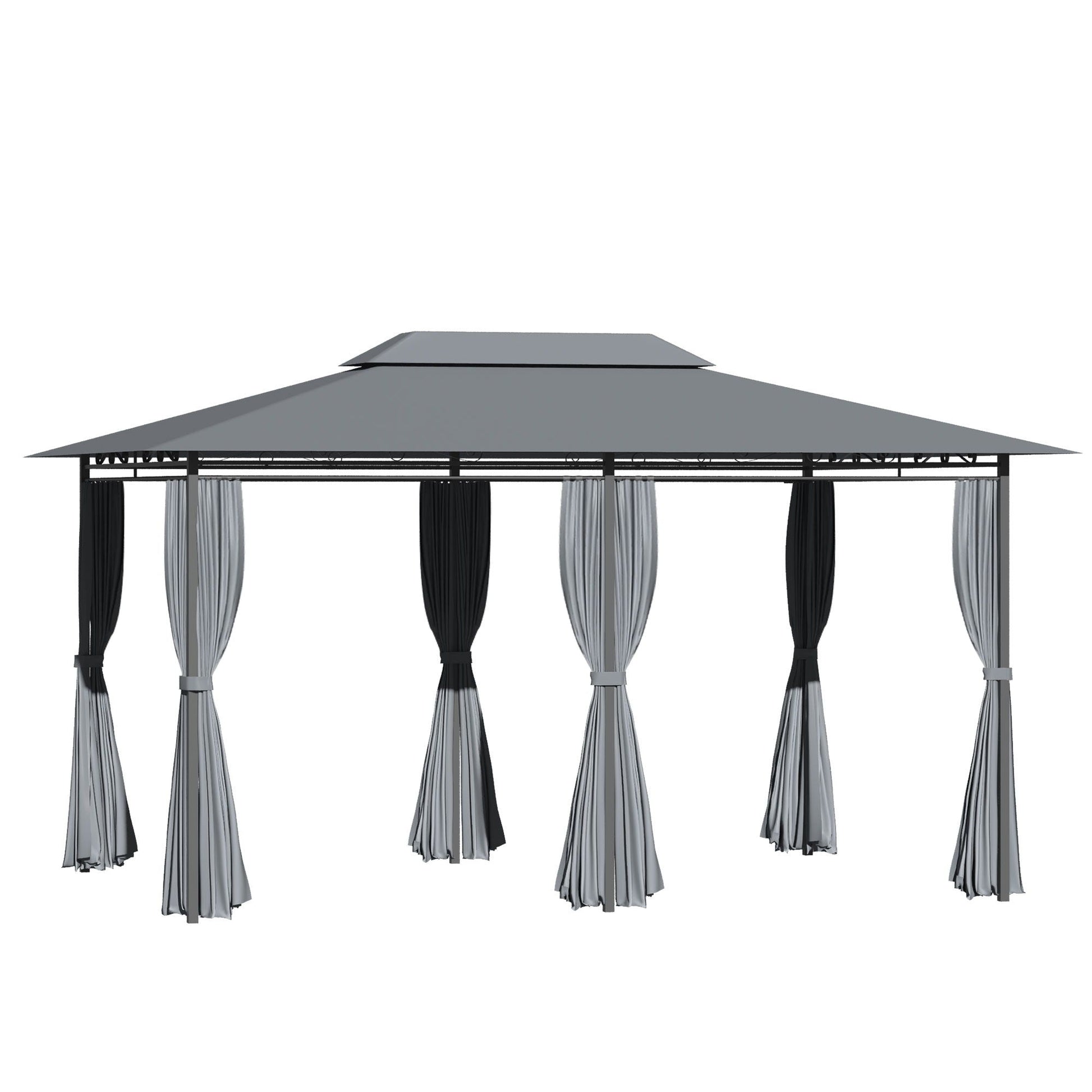 Patio gazebo canopy with curtains in sage gray, vented roof, steel frame on Tampa Home & Garden Store