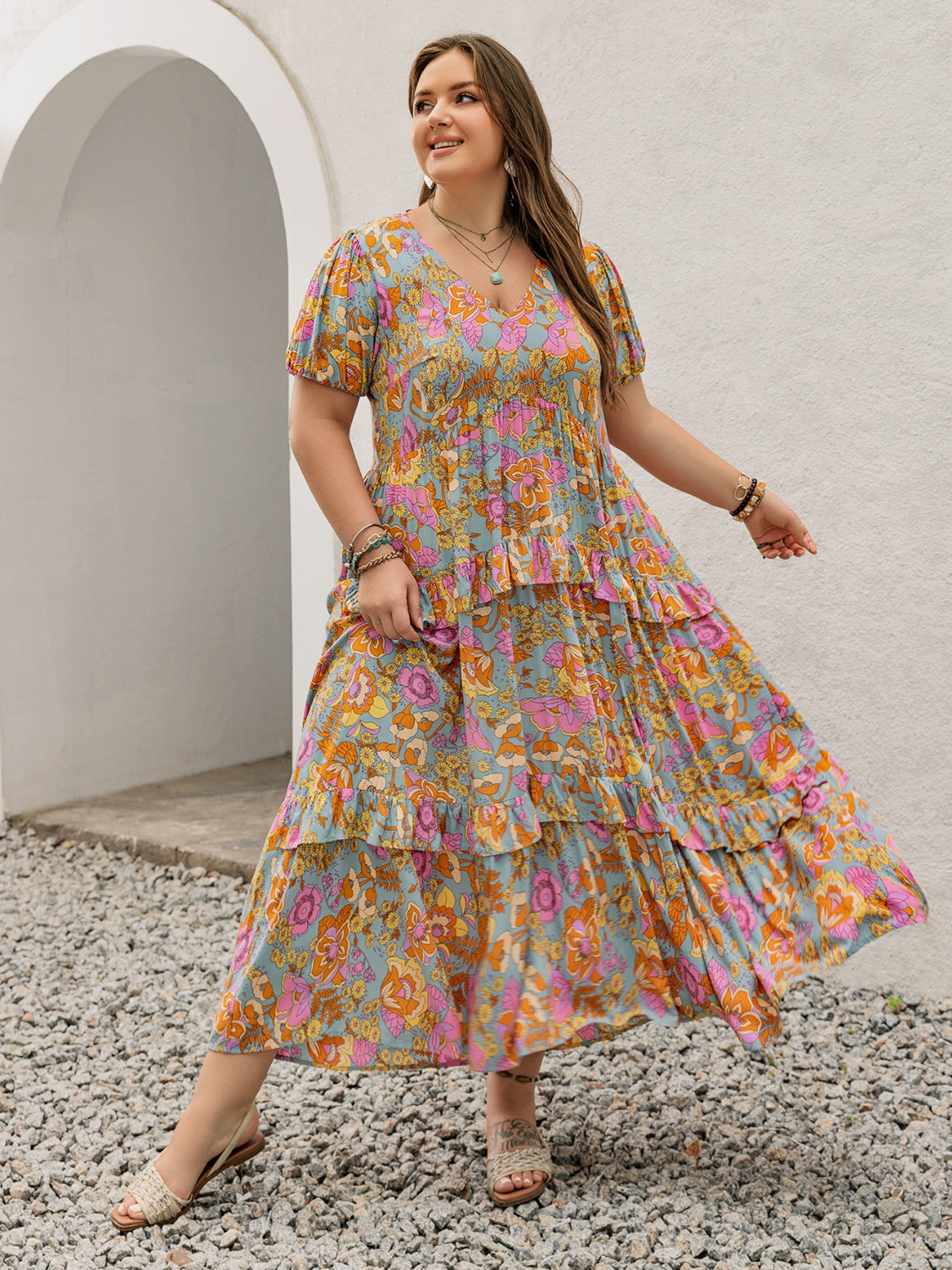 Stevvex plus-size printed v-neck floral maxi dress, pastel hues, flowy summer style on Tampa Home & Garden Store