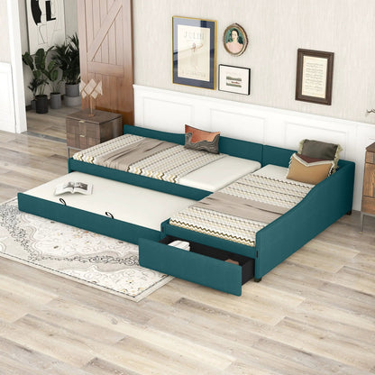 Upholstered double daybed in teal with built-in trundle and drawer, Unique Piece Furniture on Tampa Home & Garden Store