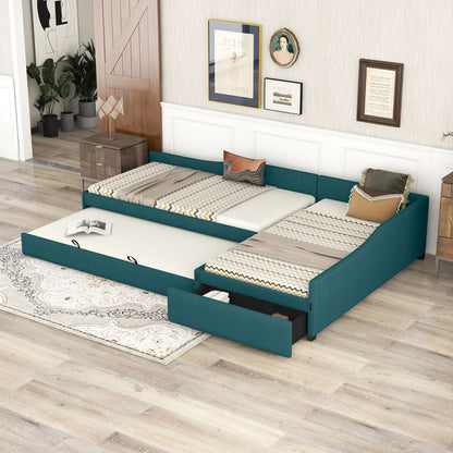 Upholstered double daybed with teal frame, built-in trundle and drawer in a modern bedroom on Tampa Home & Garden Store