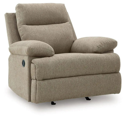 Side-Swipe Rocker Recliner in beige fabric by Unique Piece Furniture with plush cushions on Tampa Home & Garden Store