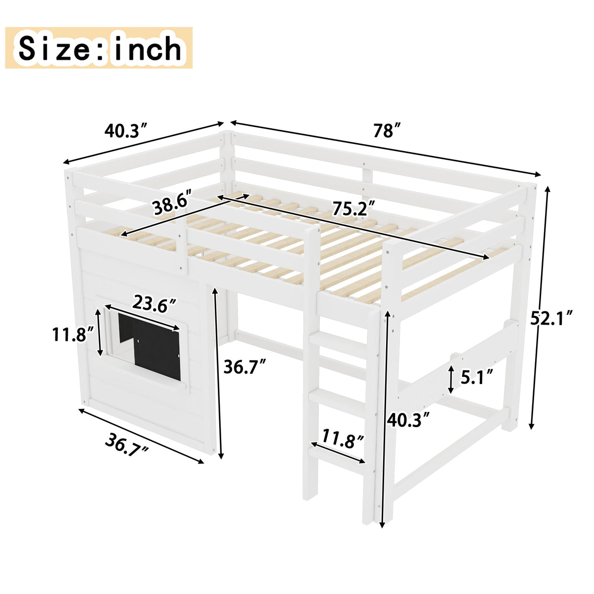 Twin size loft bed with sliding chalkboard and bookshelf, white wood and ladder HouseOfZazla on Tampa Home & Garden Store