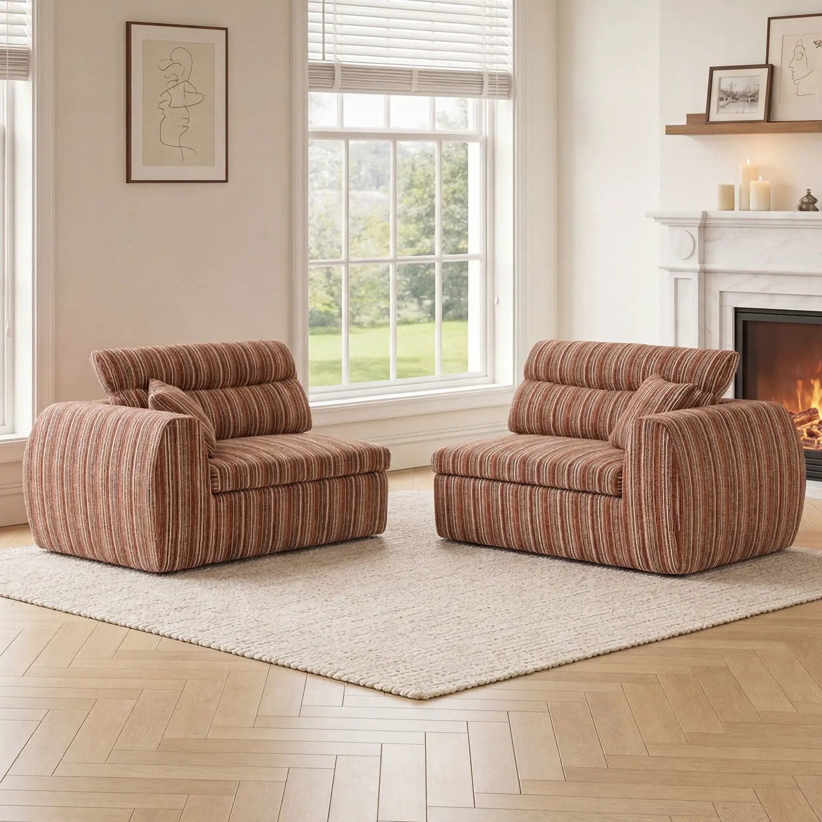 3 Seater couch with throw pillows in rust striped upholstery, flanked by two striped armchairs on Tampa Home & Garden Store