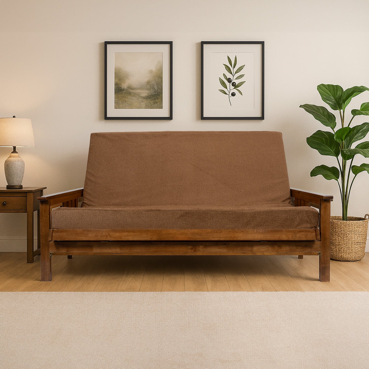 Memory Foam Infused Futon Mattress Full XL on wooden sofa bed frame in brown fabric on Tampa Home & Garden Store