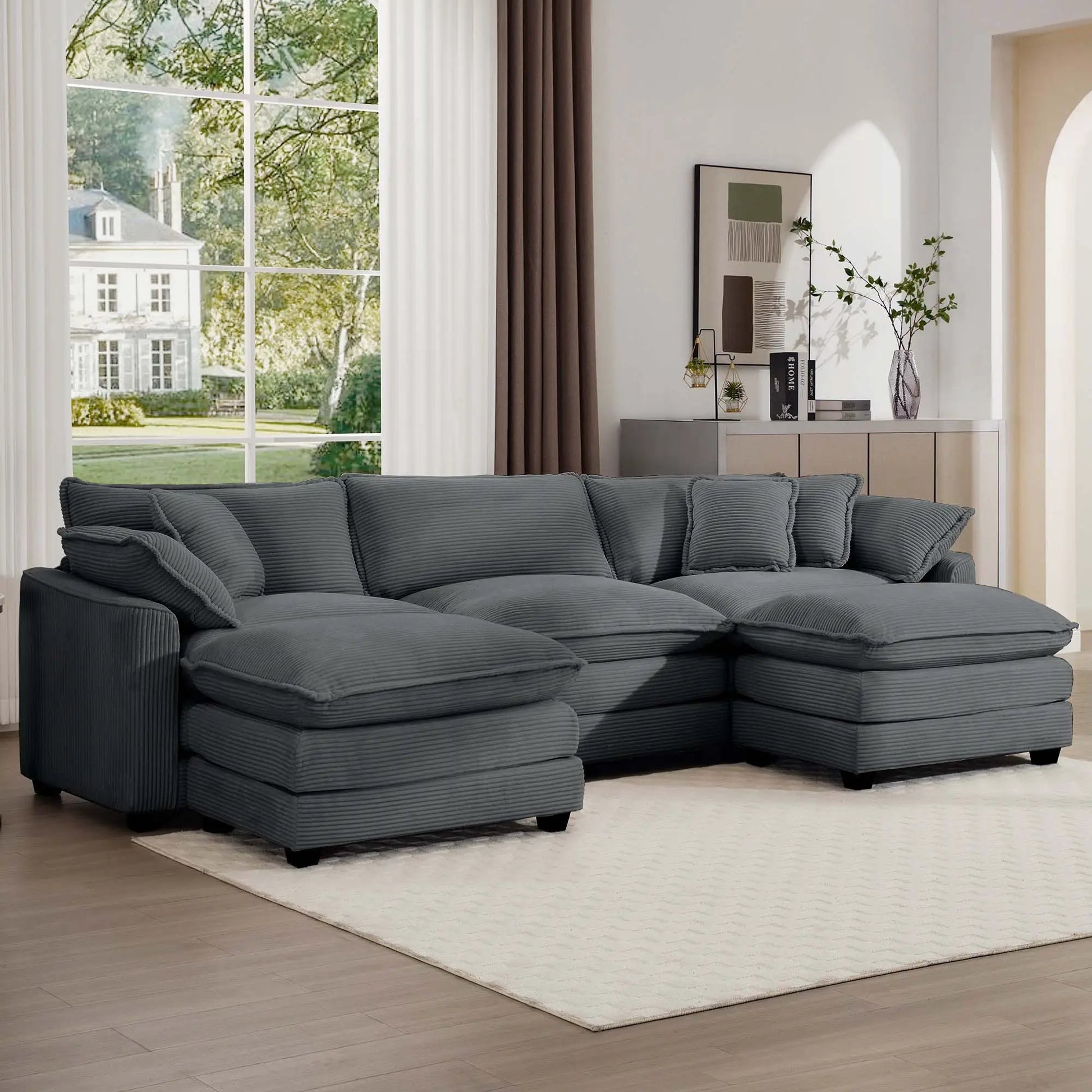 Modern modular cushion sofa with ottoman, charcoal fabric, deep seating, low back, 3-piece on Tampa Home & Garden Store