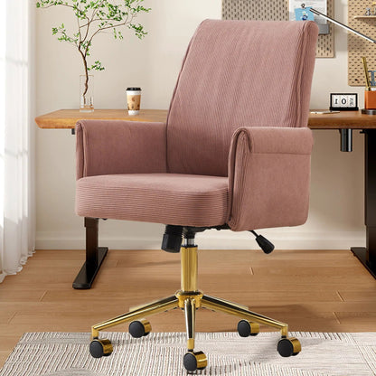 Ergonomic Mid Back Office Chair pink corduroy upholstery on a gold swivel base with black casters on Tampa Home & Garden Store