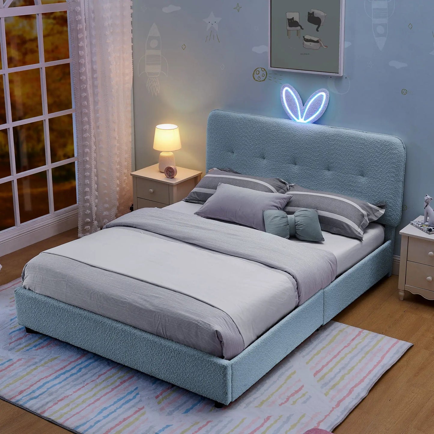 Upholstered Bed with Rabbit Ear Headboard and LED