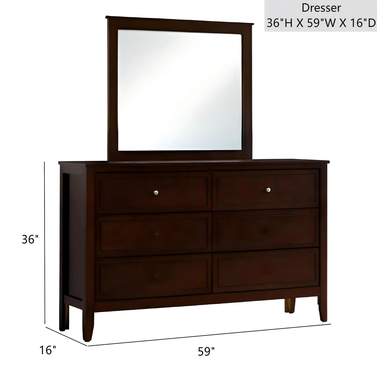 Dark brown 6-drawer dresser with a matching mirror and metal hardware on Tampa Home & Garden Store