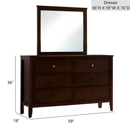Dark brown 6-drawer dresser with a matching mirror and metal hardware on Tampa Home & Garden Store