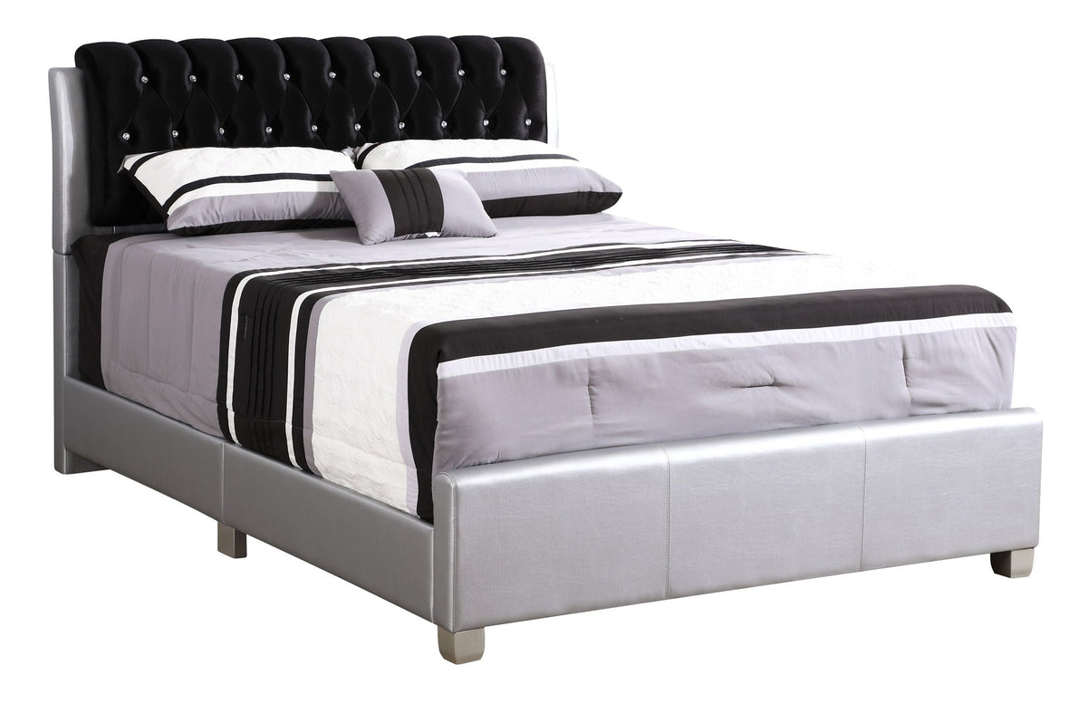 Tufted Upholstered Bed HouseOfZazla black headboard with crystal buttons; silver-gray base on Tampa Home & Garden Store
