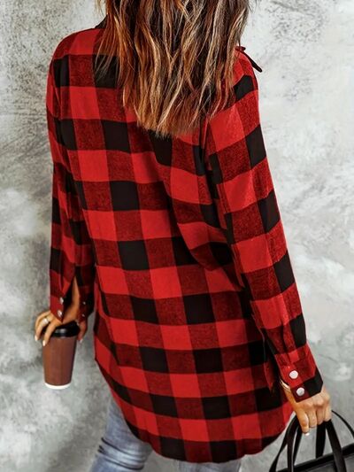 Stevvex Deep Red Plaid Collared Snap-Down Jacket with pockets, back view on Tampa Home & Garden Store