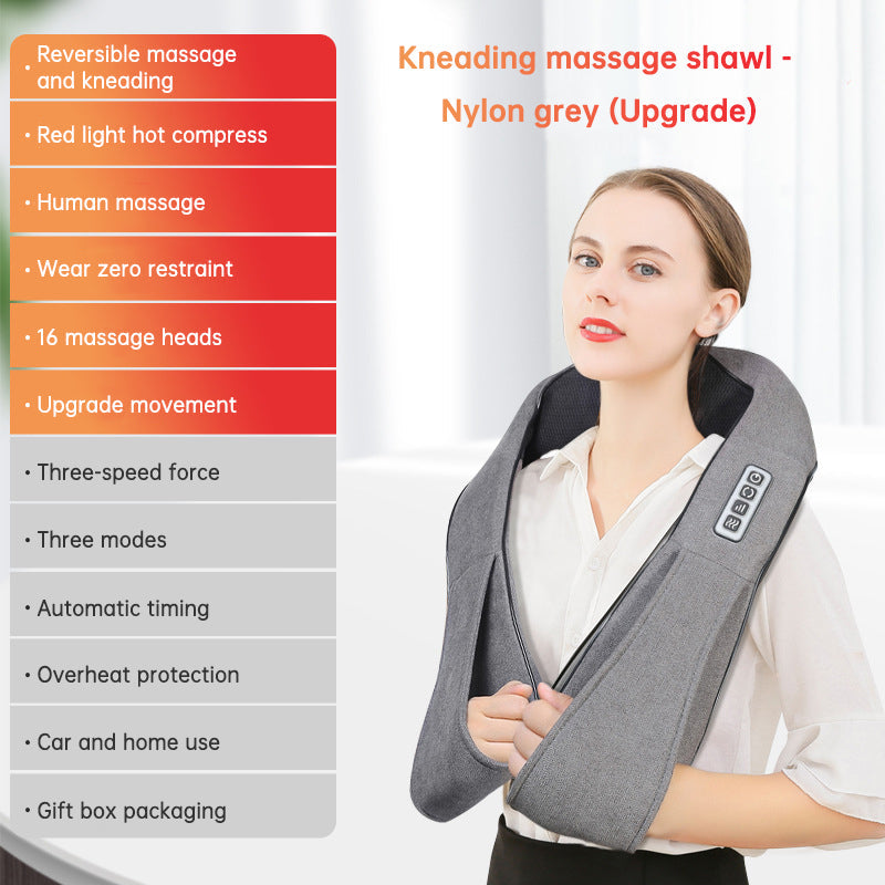 Kneading massage shawl massager nylon grey upgrade worn by model with built-in control panel on Tampa Home & Garden Store