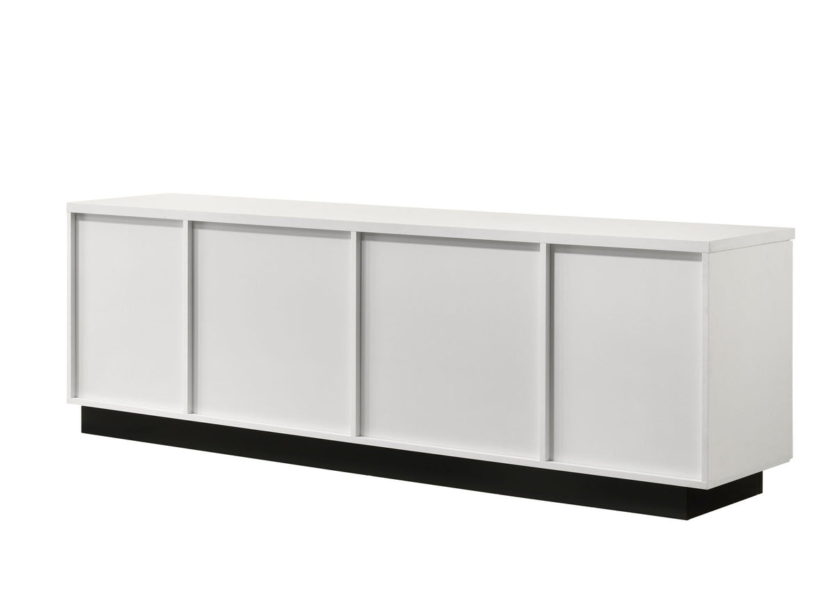 White TV stand by HouseOfZazla with sliding panel doors and adjustable shelves, black base on Tampa Home & Garden Store