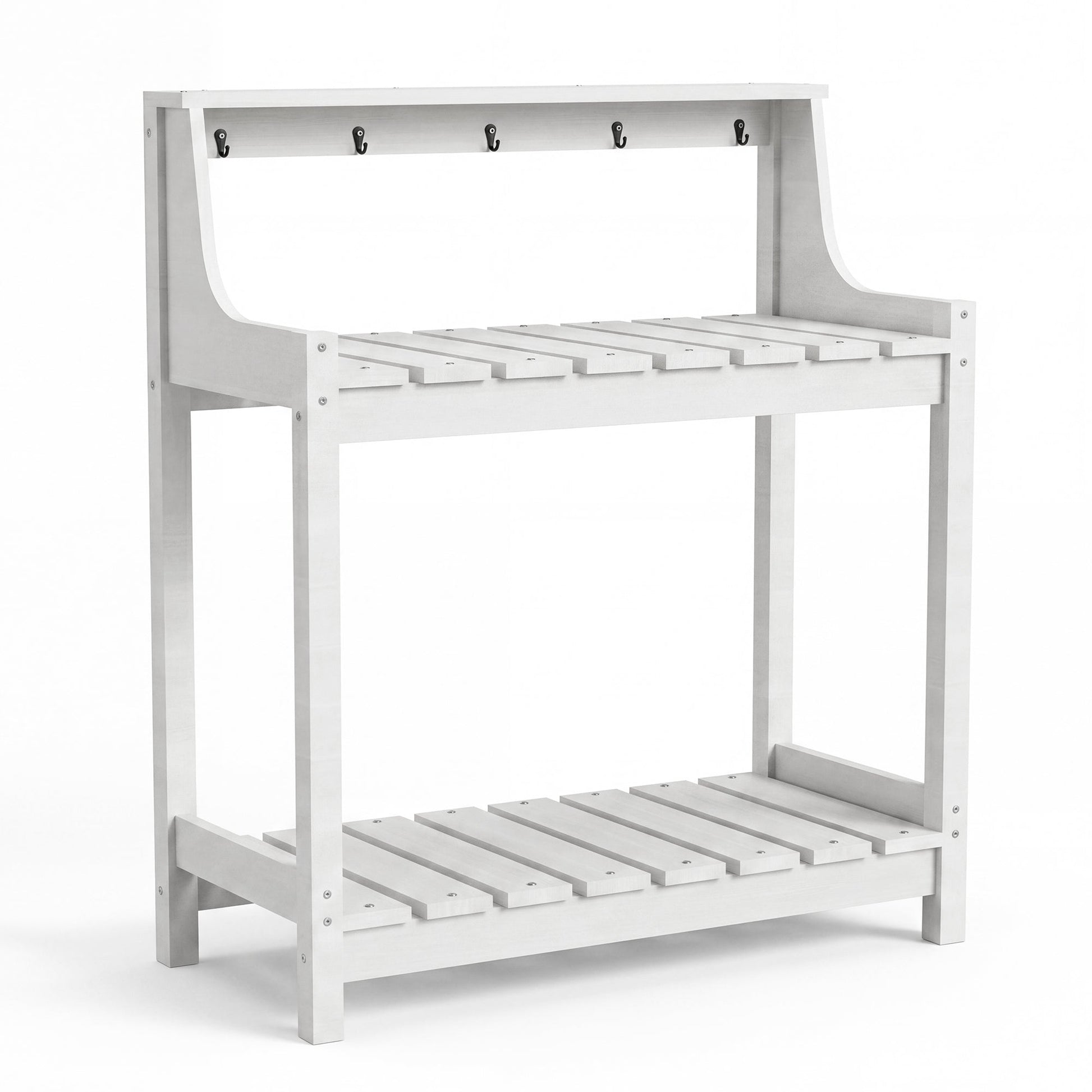 Potting bench white HDPE garden table with storage, slatted lower shelf and hooks on Tampa Home & Garden Store