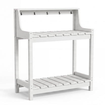 Potting bench white HDPE garden table with storage, slatted lower shelf and hooks on Tampa Home & Garden Store