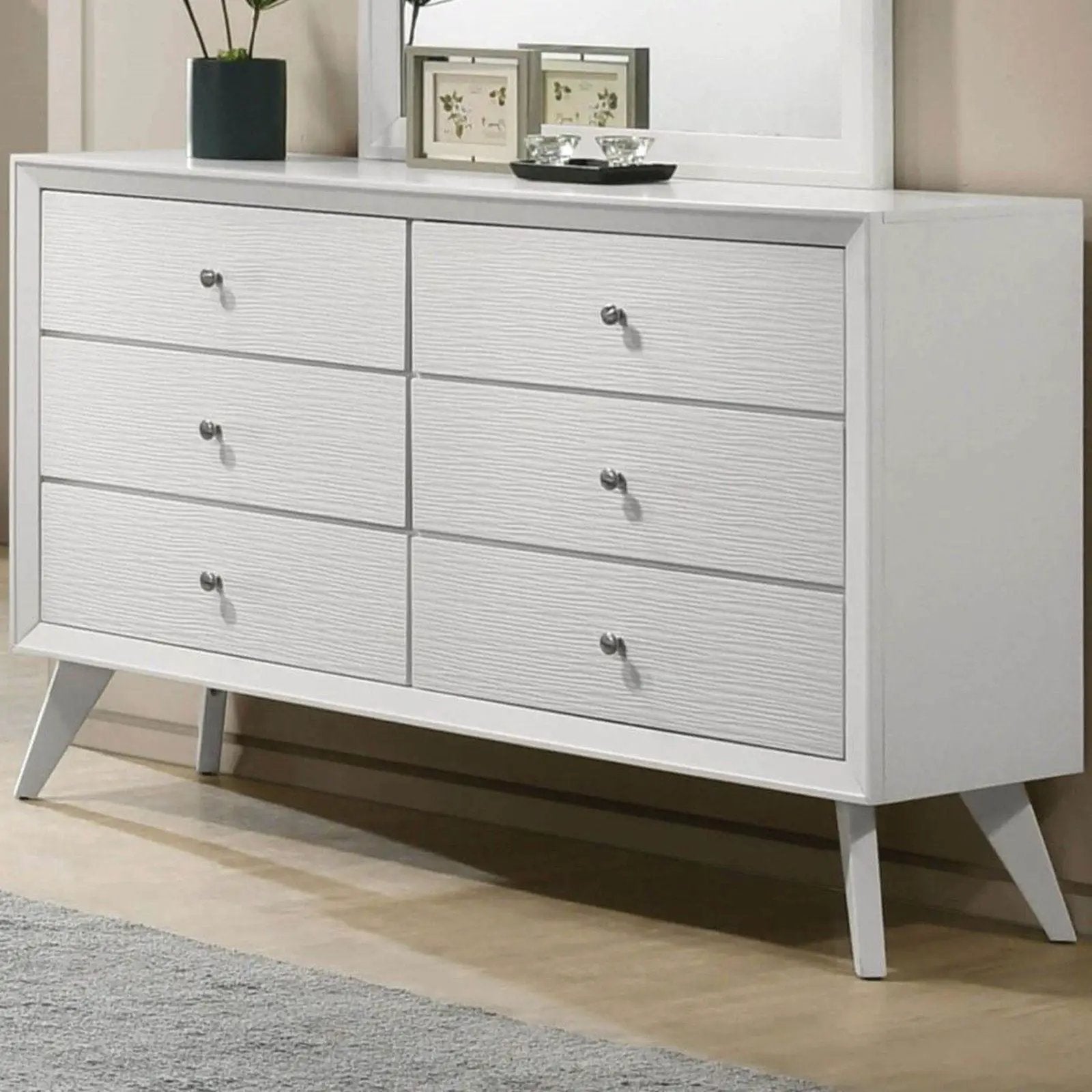White dresser with mirror, 6-drawer layout, angled legs, round metal knobs on Tampa Home & Garden Store