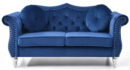 HouseOfZazla blue velvet loveseat with flared arms, tufted back, nailhead trim, bolster pillows on Tampa Home & Garden Store