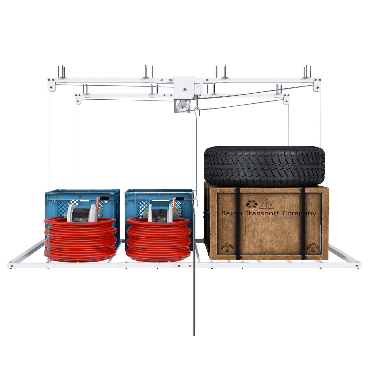 Overhead garage storage rack with crank system white frame by HouseOfZazla with two blue crates on Tampa Home & Garden Store