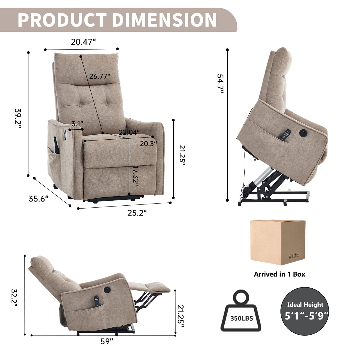 Khaki chenille power lift recliner chair with massage and heat by HouseOfZazla; front view on Tampa Home & Garden Store