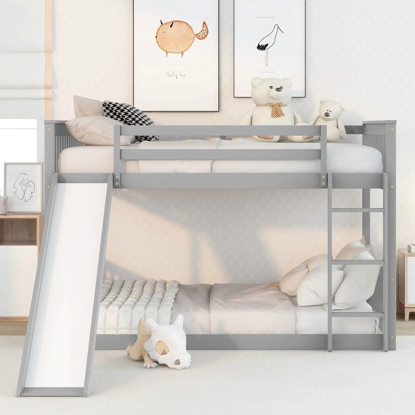 Bunk Bed With Slide And Ladder, grey metal frame, two teddy bears on top bunk Unique Piece on Tampa Home & Garden Store