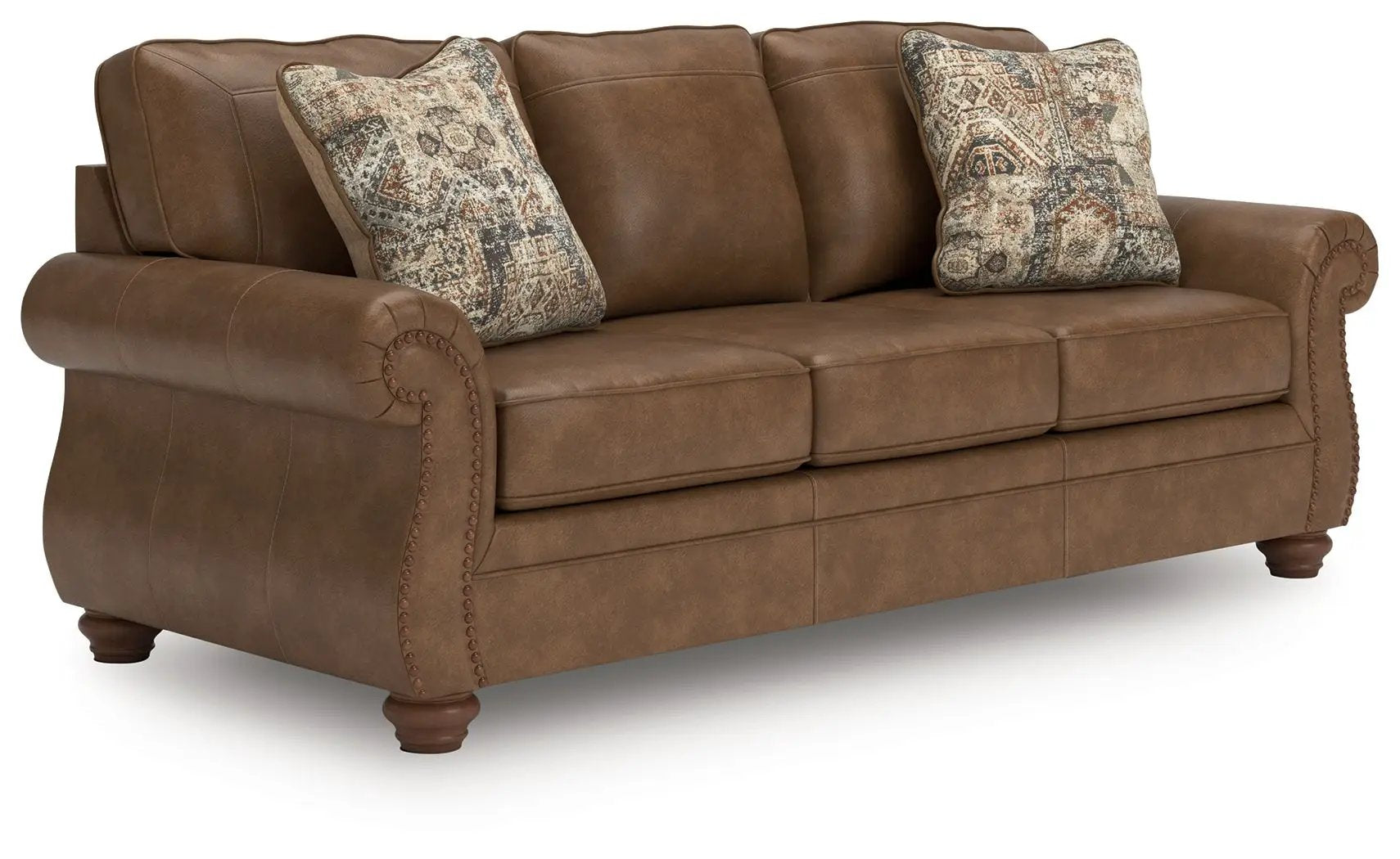 Chasemore Sofa brown leather stationary sofa Unique Piece Furniture with two pillows on Tampa Home & Garden Store