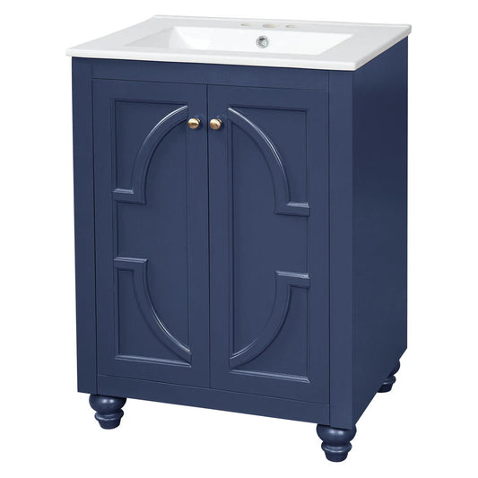 Bathroom vanity navy with elliptical motif, white countertop, brass knobs, soft-close hinges on Tampa Home & Garden Store