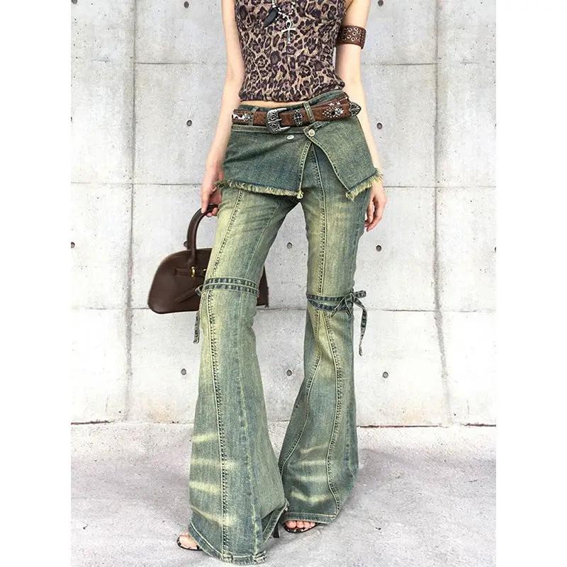 FLIPSTYLEZLLC Womens distressed lace-up vintage denim jeans, green bootcut with frayed hems on Tampa Home & Garden Store