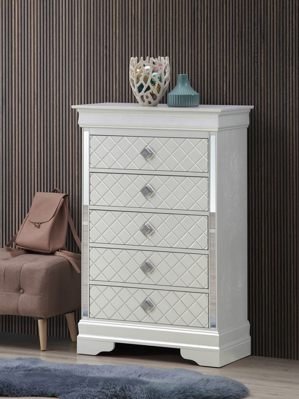 Embossed X Design Accent Chest with Crystal Pulls pearl silver finish; diamond quilted drawers on Tampa Home & Garden Store