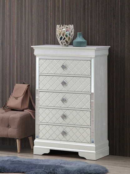 Embossed X Design Accent Chest with Crystal Pulls pearl silver finish; diamond quilted drawers on Tampa Home & Garden Store