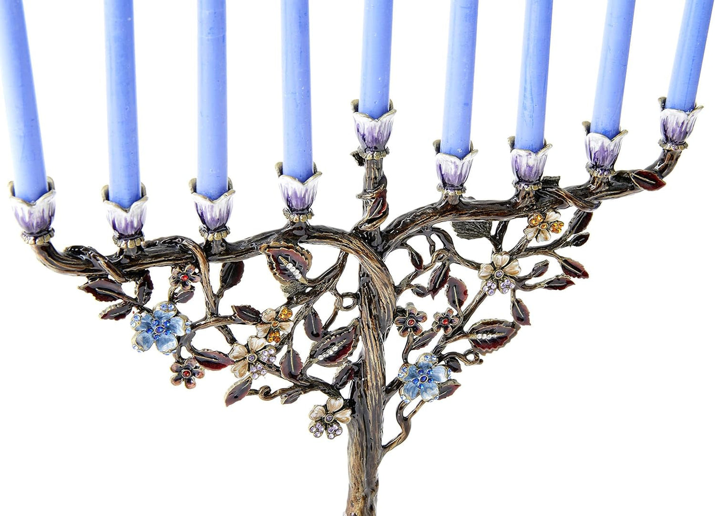 Elegant Hanukkah Menorah with Hand-Painted Flower Vine Design & Crystal Embellishments