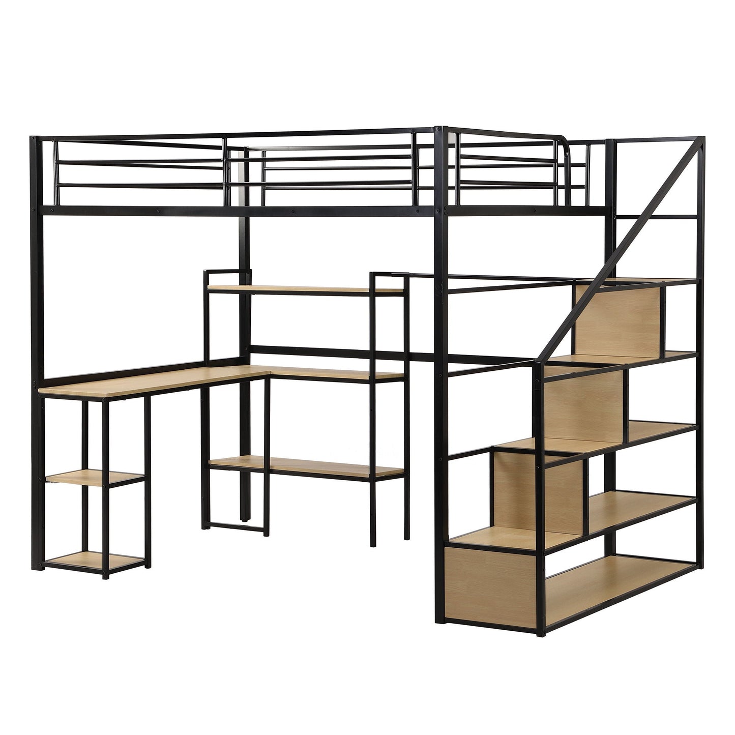 HouseOfZazla full-size loft bed with staircase, built-in desk and shelves in black on Tampa Home & Garden Store