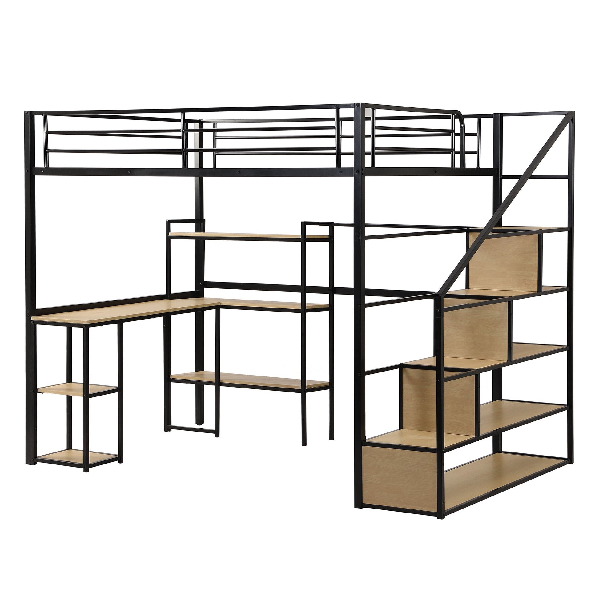 HouseOfZazla full-size loft bed with staircase, built-in desk and shelves in black on Tampa Home & Garden Store