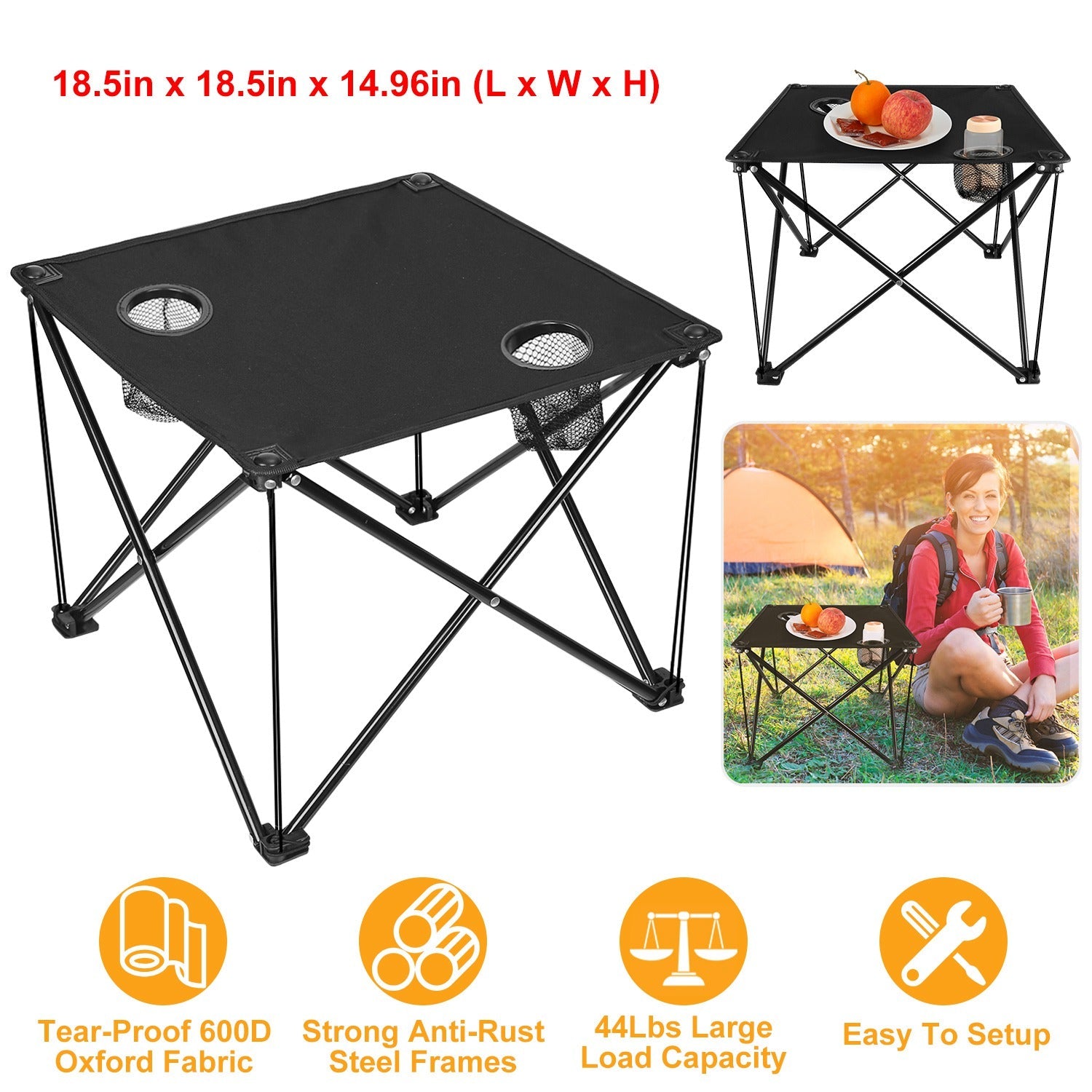 GemGear 2-Piece Foldable Camping Table with 2 Cup Holders and Carrying Bag black on Tampa Home & Garden Store