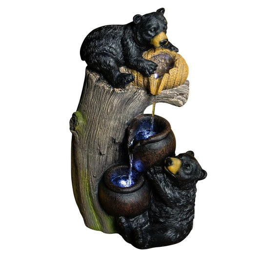 Bear Tree Stump Outdoor Water Fountain With LED