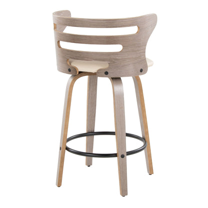 Barstool mid-century modern wooden with curved beige back and round black footring on Tampa Home & Garden Store
