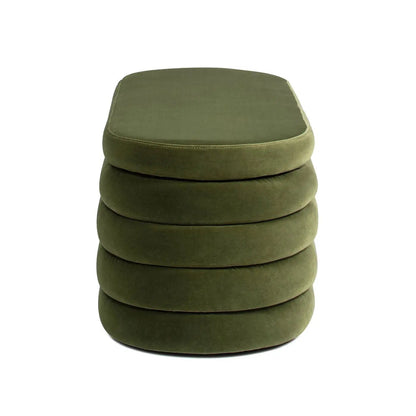 Fuji Upholstered Oval Storage Bench in olive green velvet with stacked circular cushions on Tampa Home & Garden Store