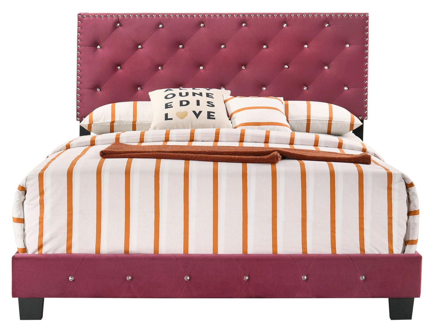 Upholstered Bed pink tufted headboard with crystal buttons by HouseOfZazla striped bedding on Tampa Home & Garden Store