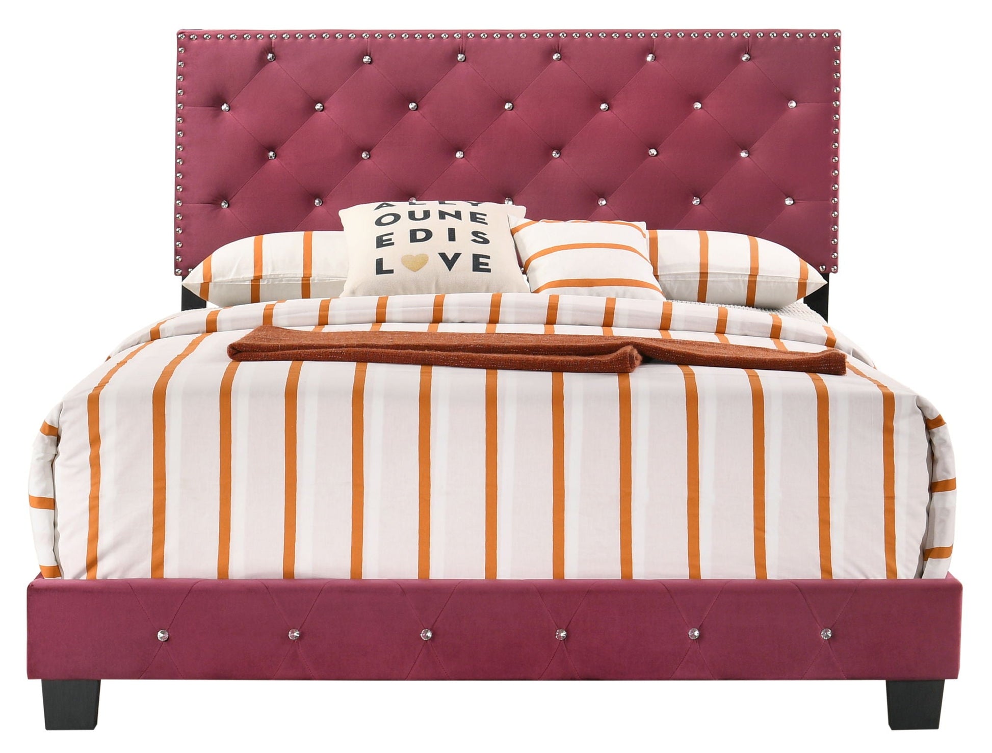 Upholstered Bed pink tufted headboard with crystal buttons by HouseOfZazla striped bedding on Tampa Home & Garden Store
